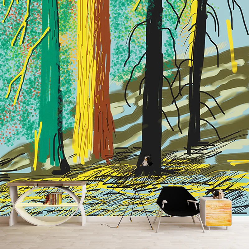 Peintures murales Art déco Yosemite Trees pour chambre à coucher, revêtement mural personnalisé en rouge-jaune-vert Clearhalo