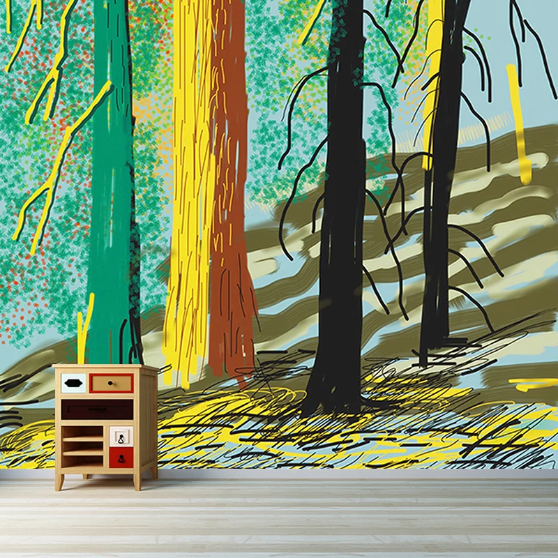 Peintures murales Art déco Yosemite Trees pour chambre à coucher, revêtement mural personnalisé en rouge-jaune-vert Clearhalo