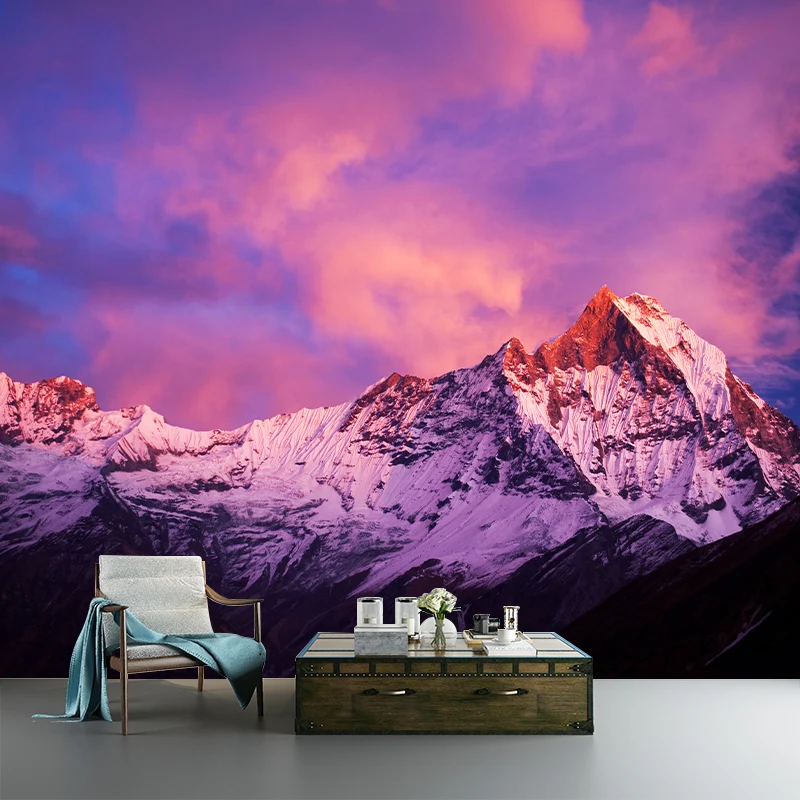 Peintures murales enchanteresses de montagnes enneigées sombres pour le salon, rose-bleu-violet, faites sur mesure Clearhalo