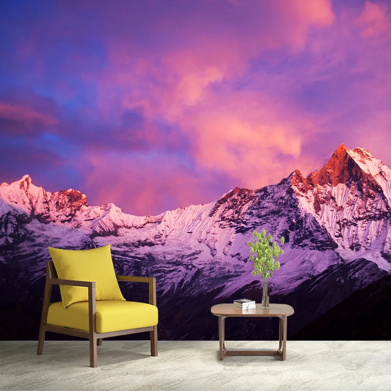 Peintures murales enchanteresses de montagnes enneigées sombres pour le salon, rose-bleu-violet, faites sur mesure Clearhalo