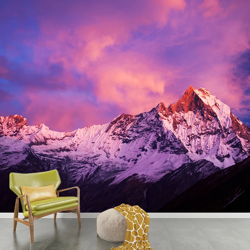 Peintures murales enchanteresses de montagnes enneigées sombres pour le salon, rose-bleu-violet, faites sur mesure Clearhalo