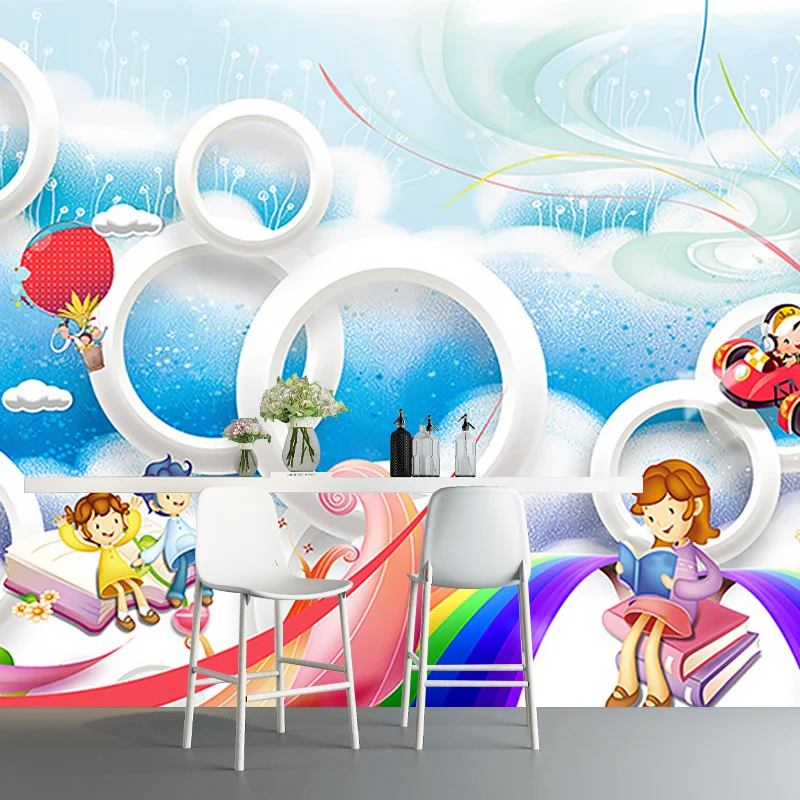 Peintures murales non tissées résistantes aux taches, revêtement mural d'aventure artistique pour enfants, bleu et blanc C...