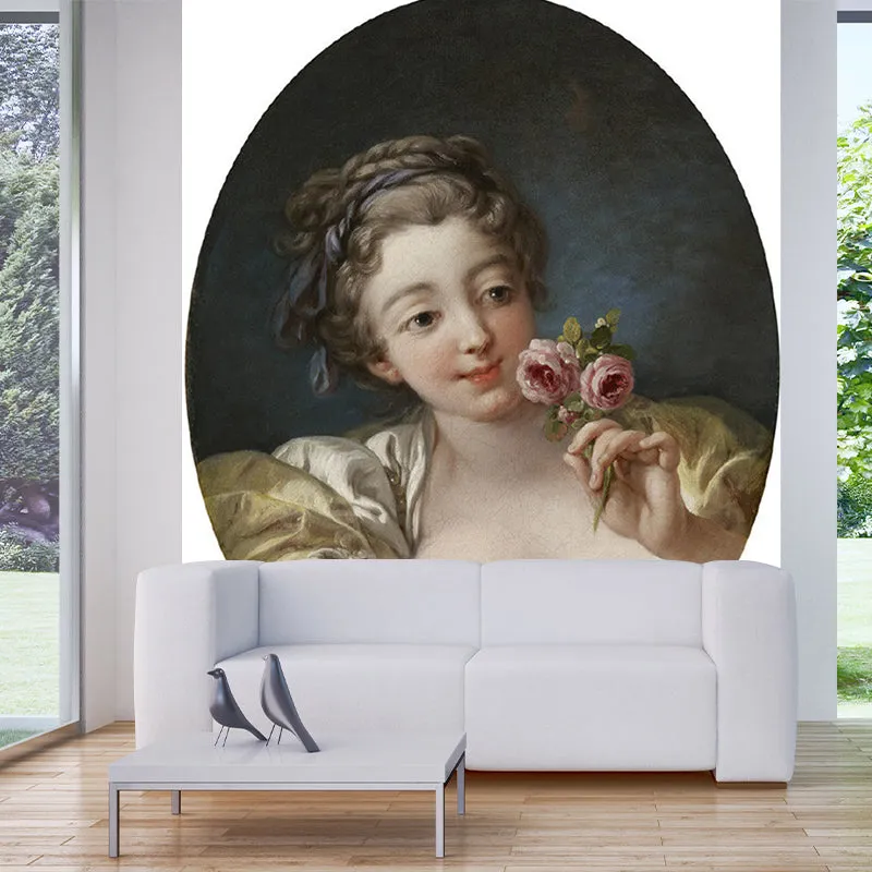 Peintures murales rétro fille avec roses, revêtement mural résistant aux taches jaune-gris pour escalier Clearhalo