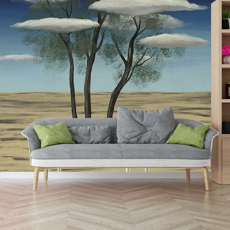 Peintures murales surréalistes Magritte l'Oasis en jaune-bleu, art mural résistant à l'humidité pour le salon Clearhalo