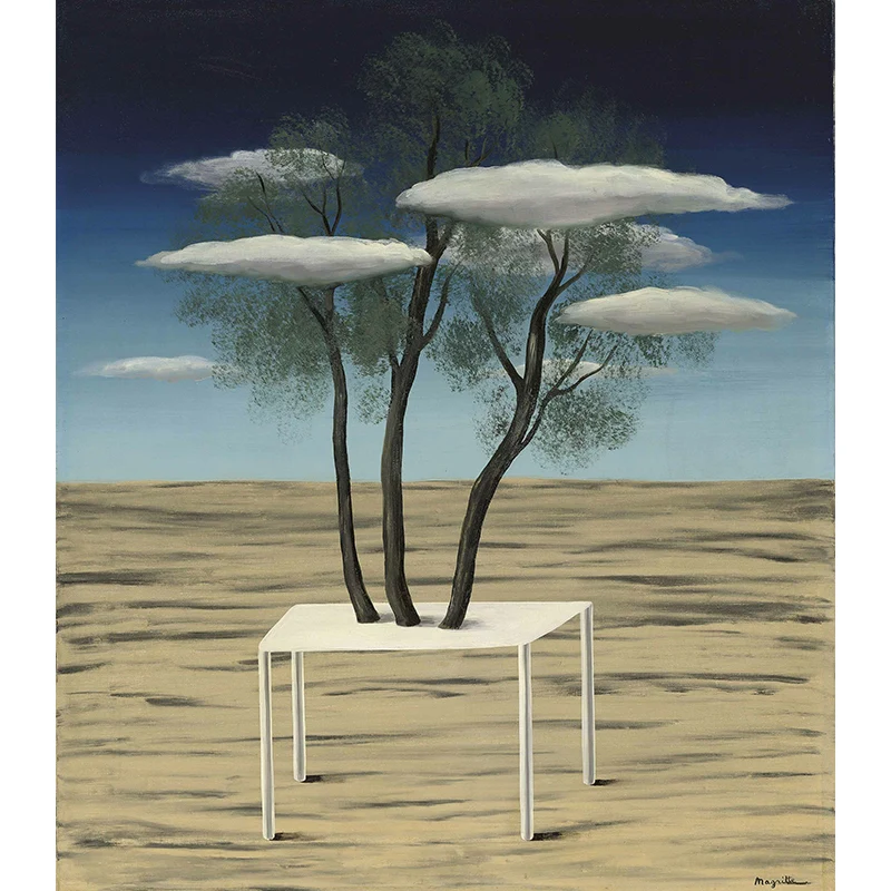 Peintures murales surréalistes Magritte l'Oasis en jaune-bleu, art mural résistant à l'humidité pour le salon Clearhalo