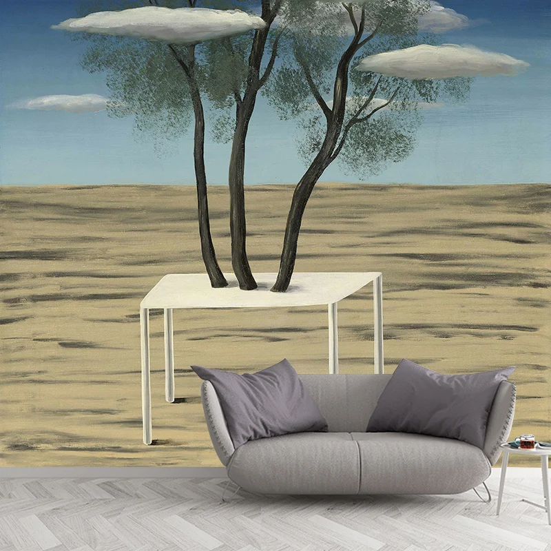 Peintures murales surréalistes Magritte l'Oasis en jaune-bleu, art mural résistant à l'humidité pour le salon Clearhalo