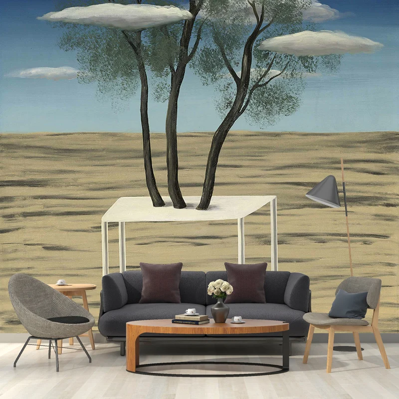 Peintures murales surréalistes Magritte l'Oasis en jaune-bleu, art mural résistant à l'humidité pour le salon Clearhalo