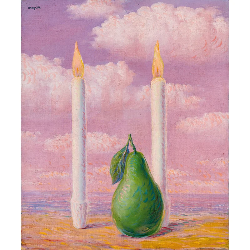 Peintures murales surréalistes poire et bougie rose-vert, dessin de René Magritte, décoration murale Clearhalo