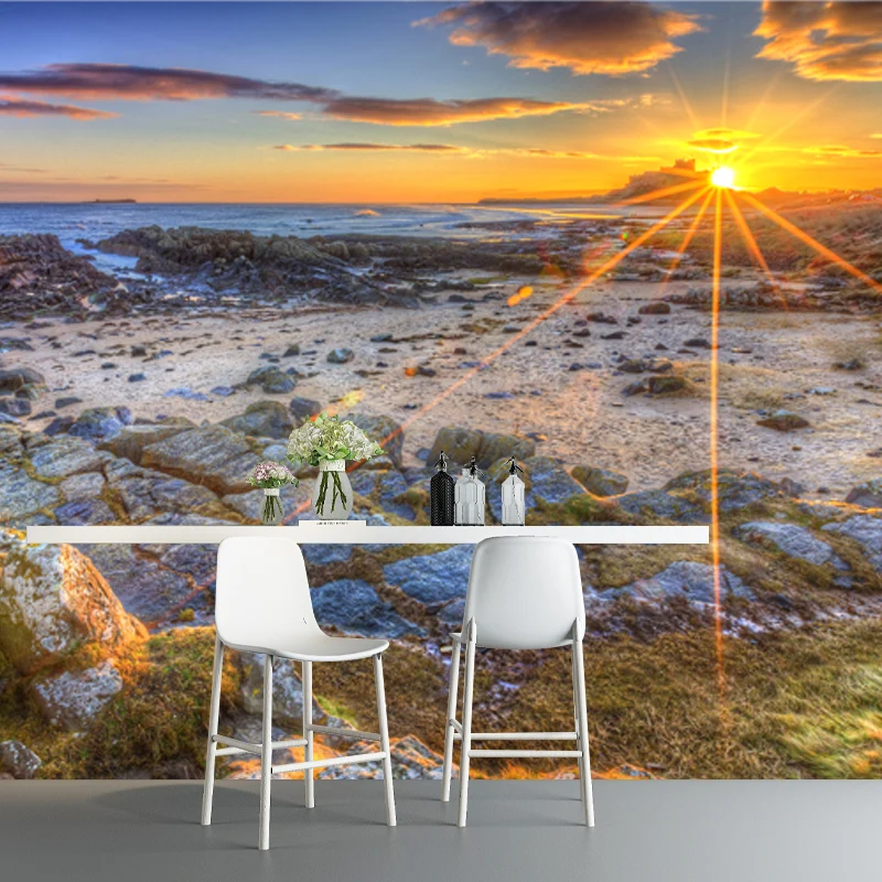Photo imprimée coucher de soleil bord de mer murale tropicale roches de mousse séchée Art mural en jaune Clearhalo