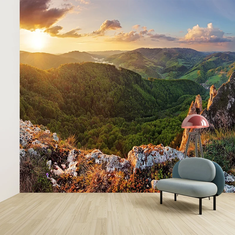 Photographie lever du soleil vue sur la montagne murale énorme revêtement mural pour salon, impression personnalisée Clear...
