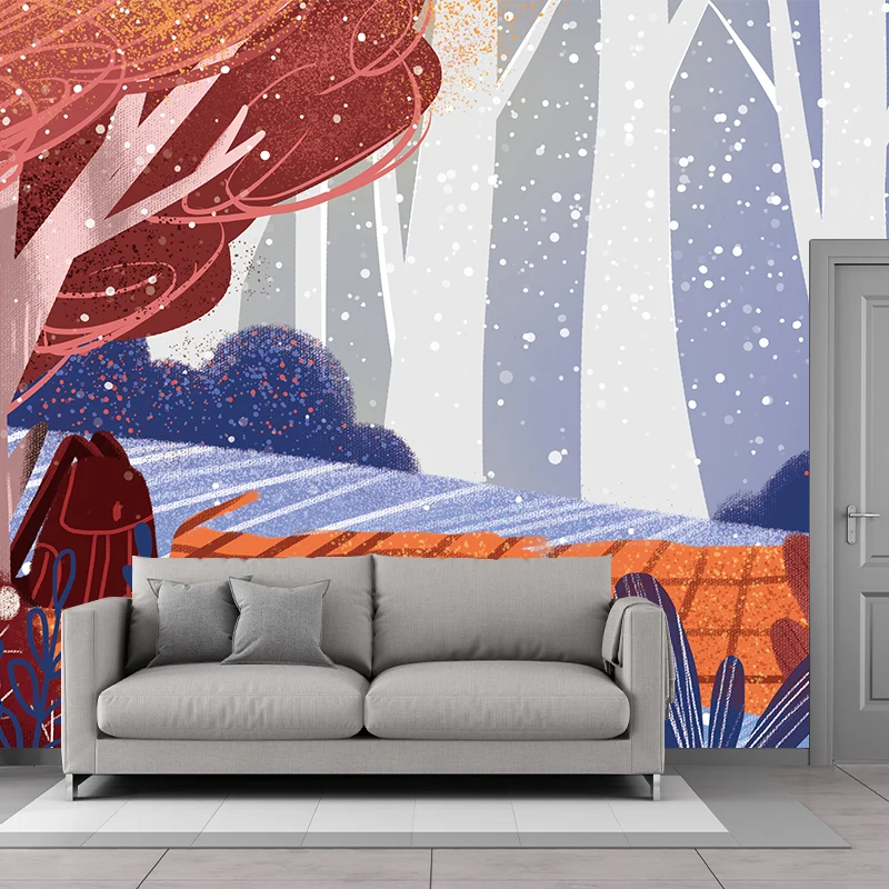 Pique-nique dans la êt murale bleu-marron revêtement mural d'art pour enfants pour chambre à coucher, tissu non tissé Clea...