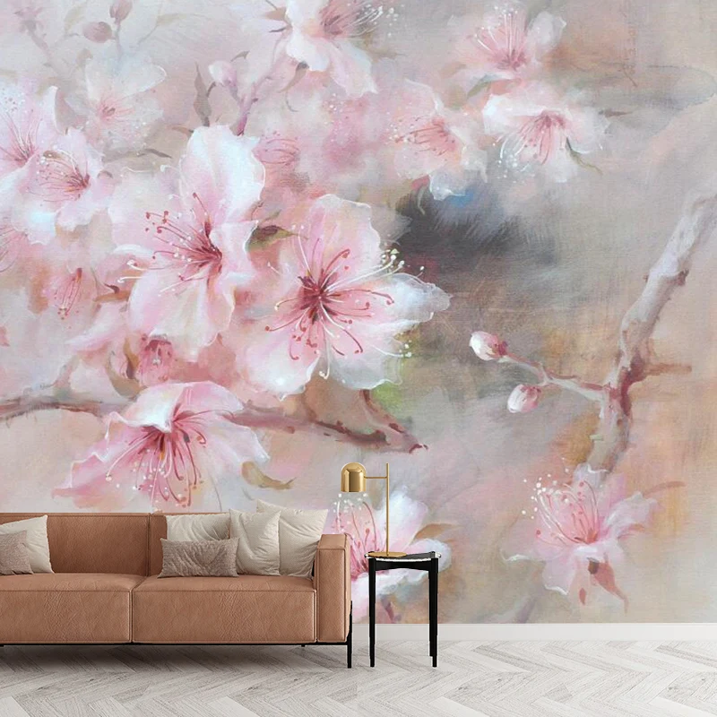 Revêtement mural de fleurs épanouies nordiques, papier peint mural de taille personnalisée en rose tendre Clearhalo