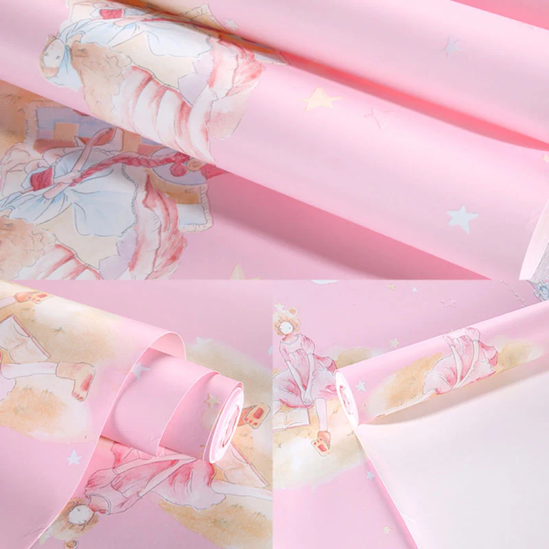 Rouleau de papier peint de dessin animé non collé, décoration murale non tissée pour chambre de fille Clearhalo