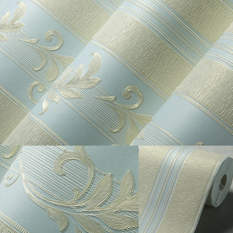 Rouleau de papier peint à feuilles brodées rétro, Art mural à rayures de couleur claire pour le salon Clearhalo