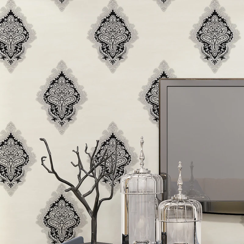 Rouleau de papier peint jacquard médaillon, décoration murale nostalgique en relief 3D de couleur douce Clearhalo