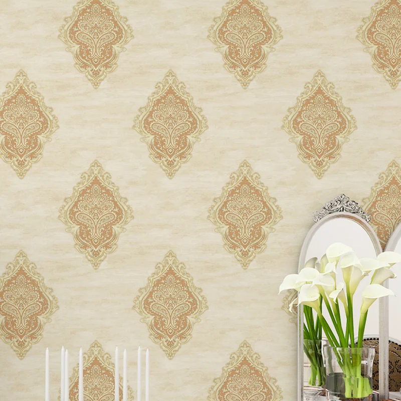 Rouleau de papier peint jacquard médaillon, décoration murale nostalgique en relief 3D de couleur douce Clearhalo
