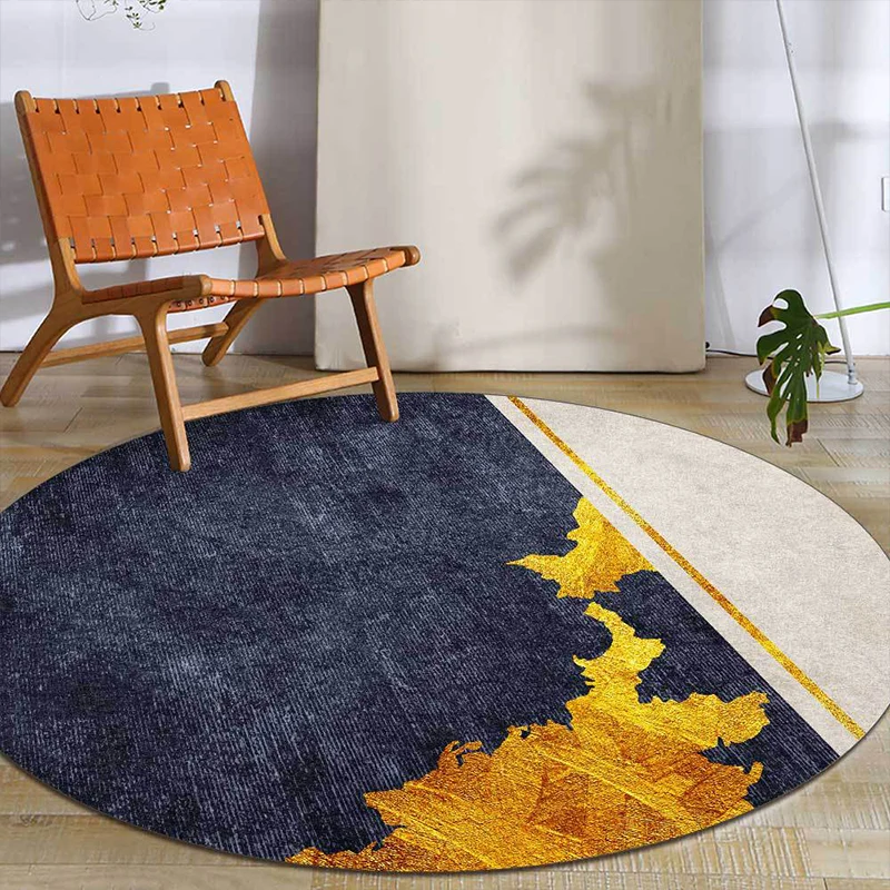 Tapis abstrait Funky bleu marine et doré, simple, en polyester, lavable, antidérapant, pour le salon Clearhalo