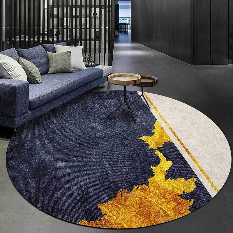 Tapis abstrait Funky bleu marine et doré, simple, en polyester, lavable, antidérapant, pour le salon Clearhalo
