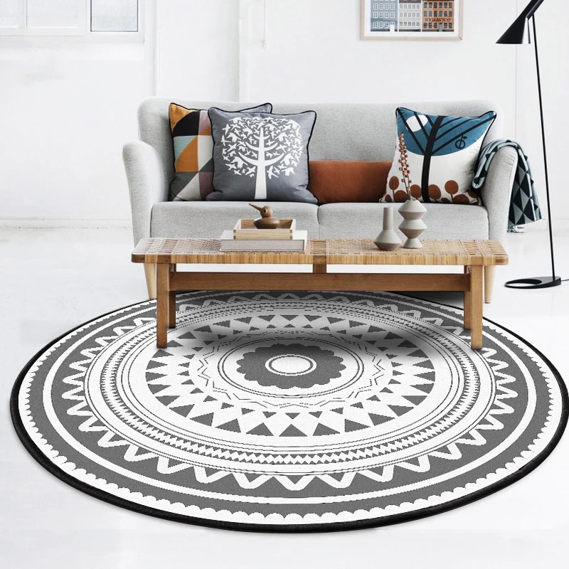 Tapis bohème éclectique en blanc et gris, motif Floral, cercle, Triangle, en Polyester, lavable, pour la décoration de la...