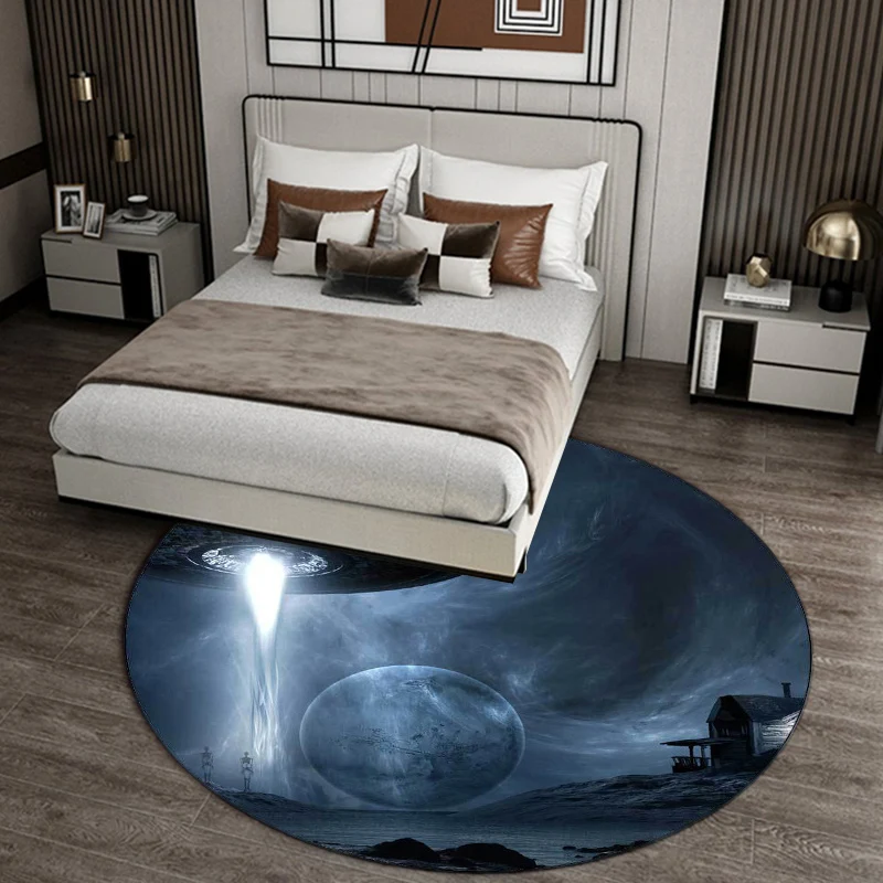 Tapis de chambre bleu moderne à motif de vaisseau spatial, en Polyester, lavable en Machine Clearhalo