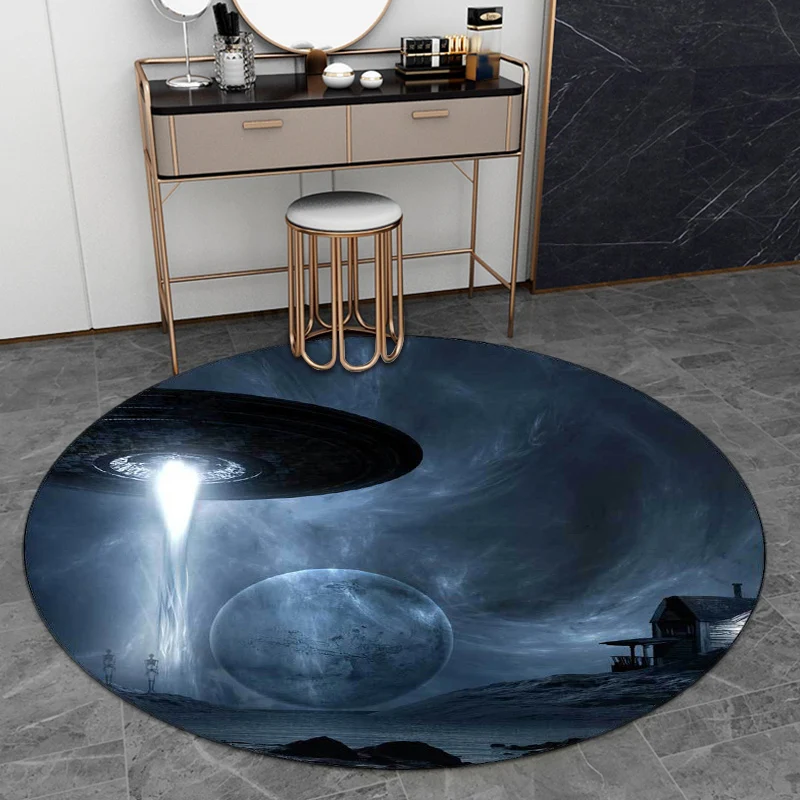 Tapis de chambre bleu moderne à motif de vaisseau spatial, en Polyester, lavable en Machine Clearhalo