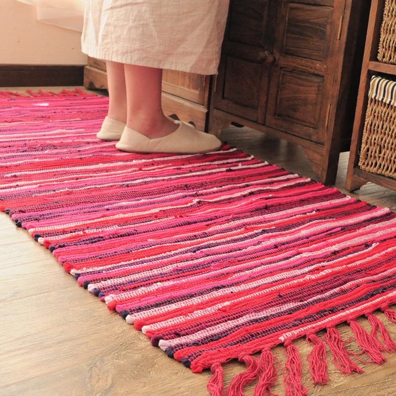 Tapis de chambre bohème, motif rayé multicolore, en coton, facile d'entretien, lavable, avec pompon Clearhalo