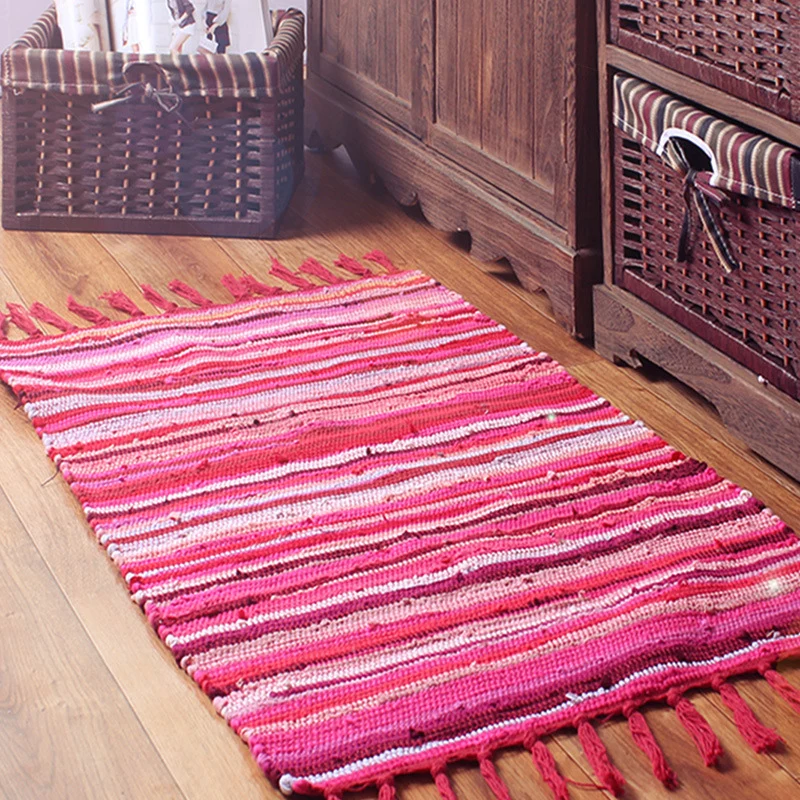 Tapis de chambre bohème, motif rayé multicolore, en coton, facile d'entretien, lavable, avec pompon Clearhalo