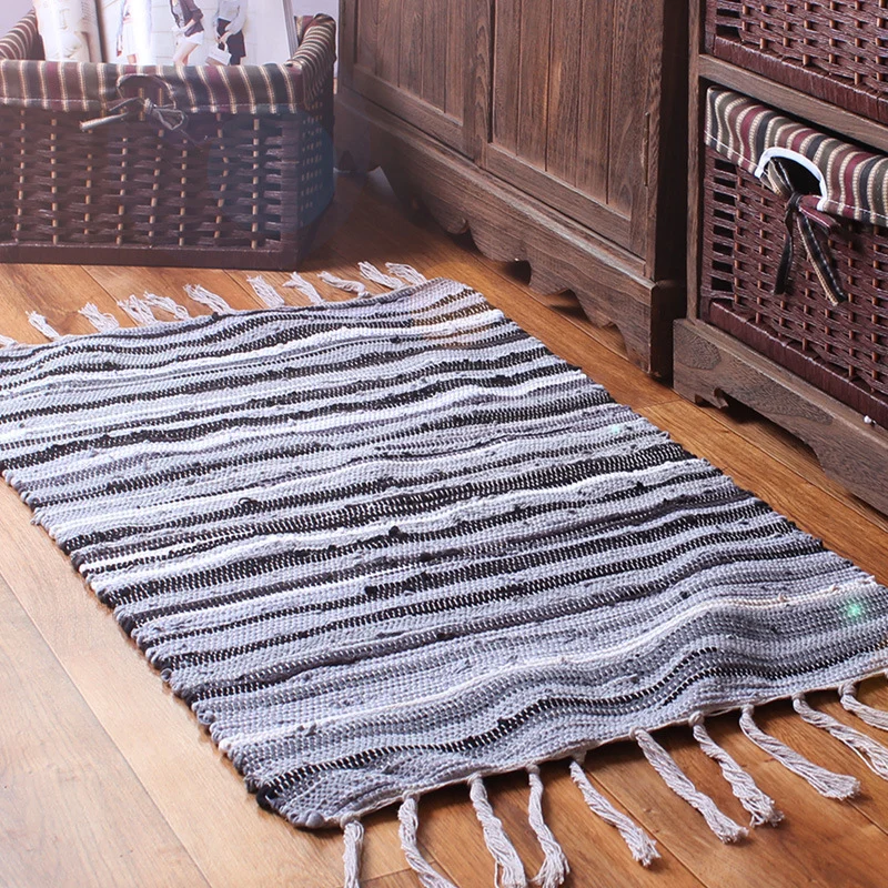 Tapis de chambre bohème, motif rayé multicolore, en coton, facile d'entretien, lavable, avec pompon Clearhalo