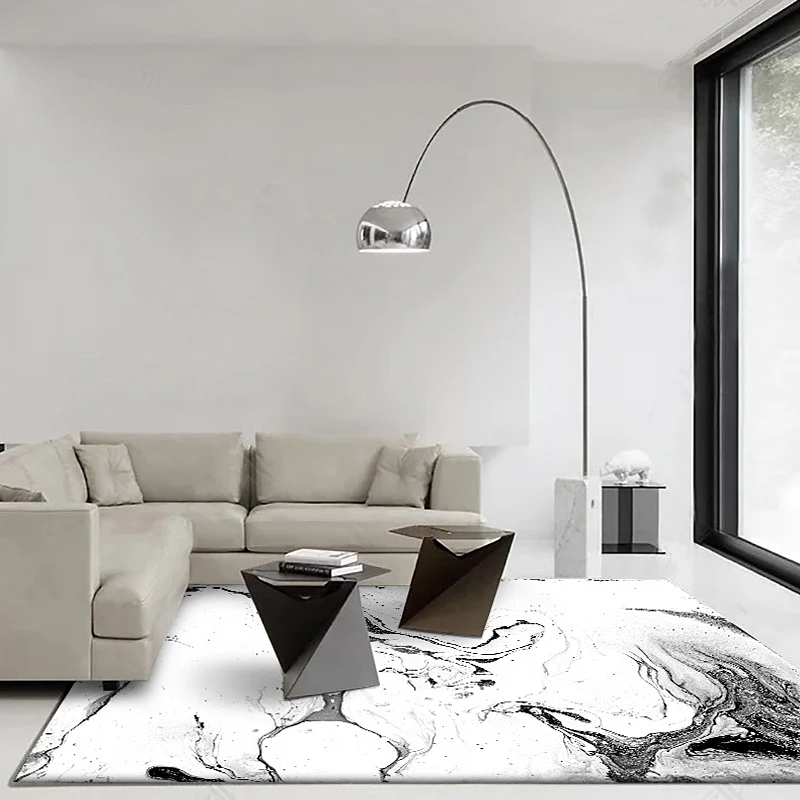 Tapis de chambre à coucher blanc, moderne, abstrait, peinture à l'encre, motif, lavable en Polyester Clearhalo