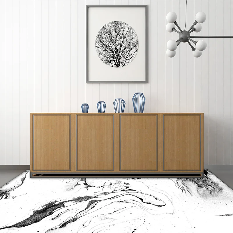 Tapis de chambre à coucher blanc, moderne, abstrait, peinture à l'encre, motif, lavable en Polyester Clearhalo
