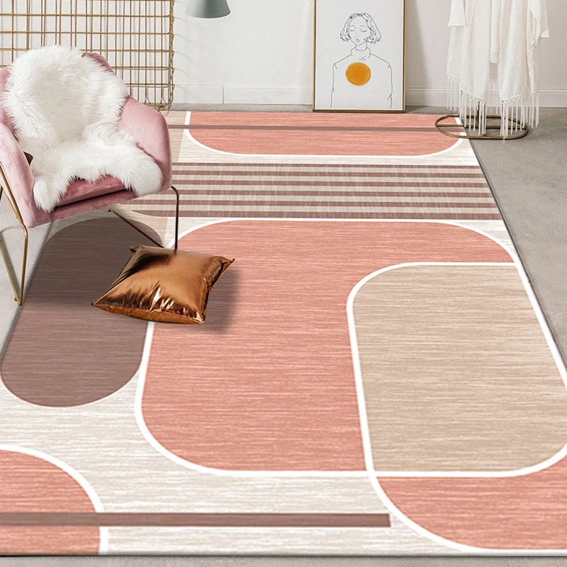 Tapis de chambre à coucher rose et marron, moderne, à motifs géométriques, en polyester, résistant aux taches Clearhalo