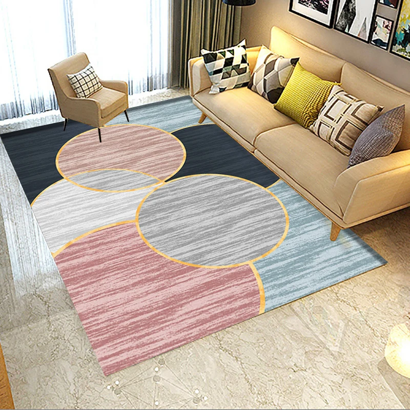Tapis de chambre à coucher rose et marron, moderne, à motifs géométriques, en polyester, résistant aux taches Clearhalo