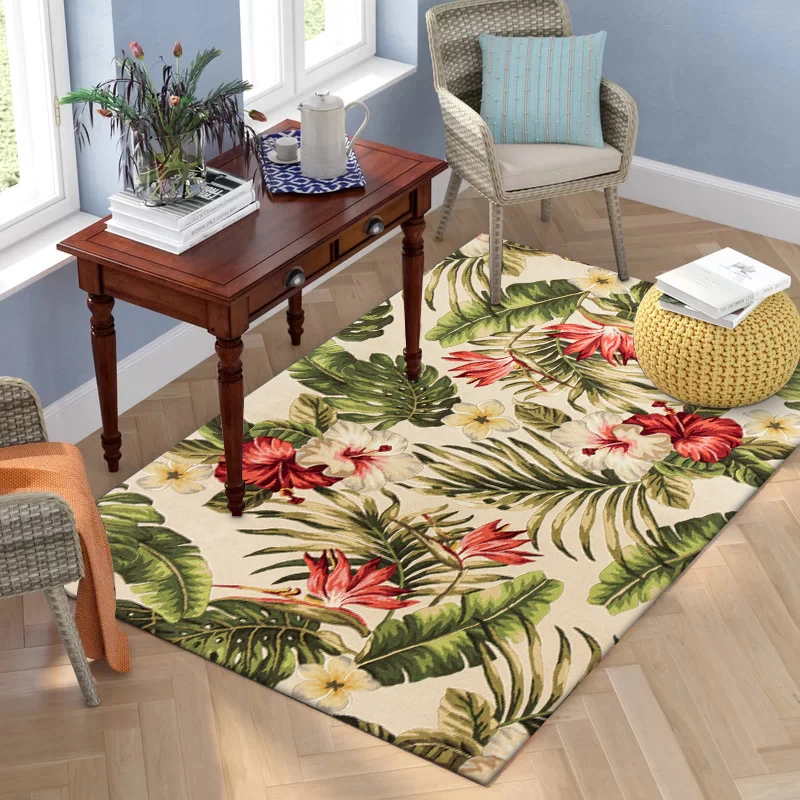 Tapis classique à motif floral avec feuilles vertes et beiges, tapis de campagne française, en polyester, lavable, antidér...