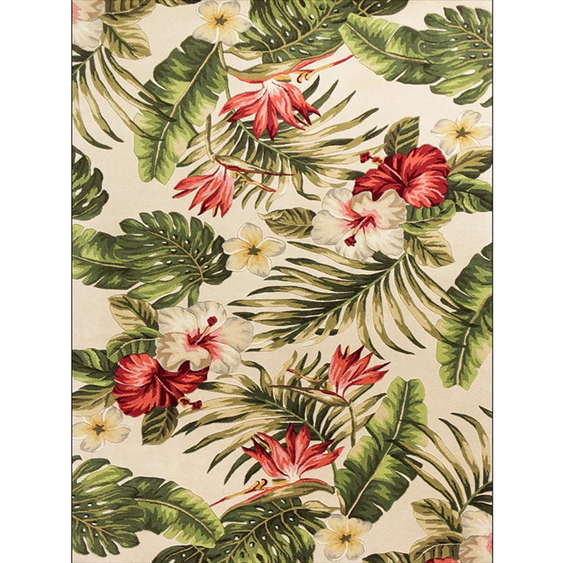 Tapis classique à motif floral avec feuilles vertes et beiges, tapis de campagne française, en polyester, lavable, antidér...