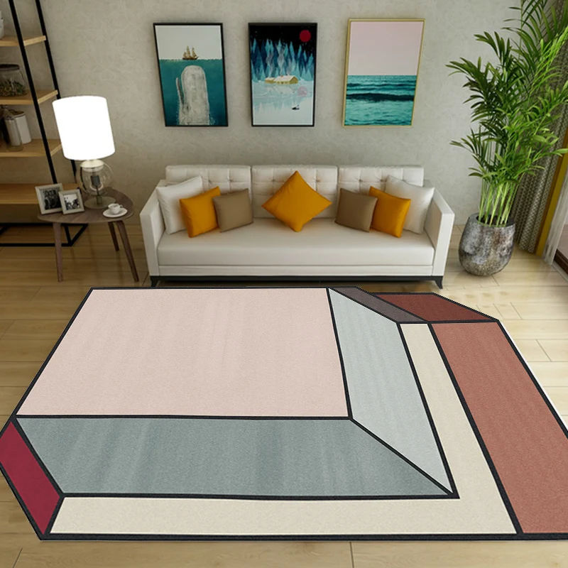 Tapis irrégulier de salon, nouveauté, bloc de couleur rose, imprimé cuboïde, en Polyester, résistant aux taches Clearhalo
