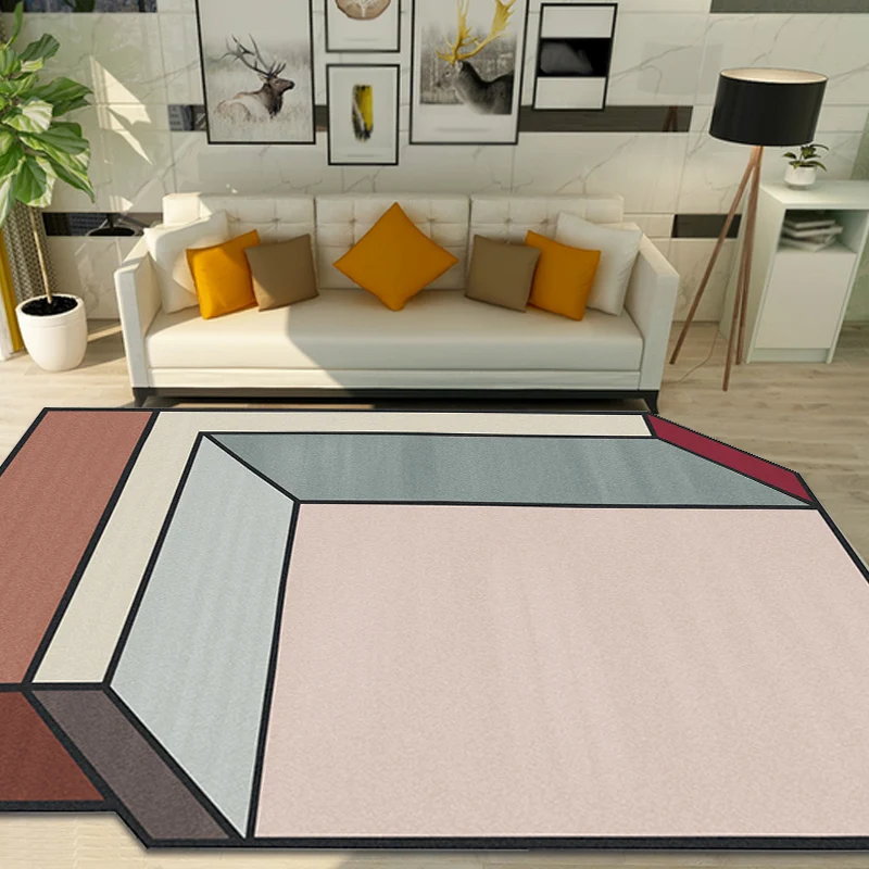 Tapis irrégulier de salon, nouveauté, bloc de couleur rose, imprimé cuboïde, en Polyester, résistant aux taches Clearhalo