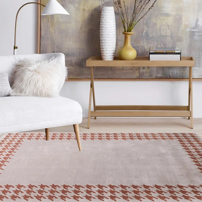 Tapis élégant à motif pied-de-poule, moderne, orange-rouge, en polyester, lavable, antidérapant, respectueux des animaux d...