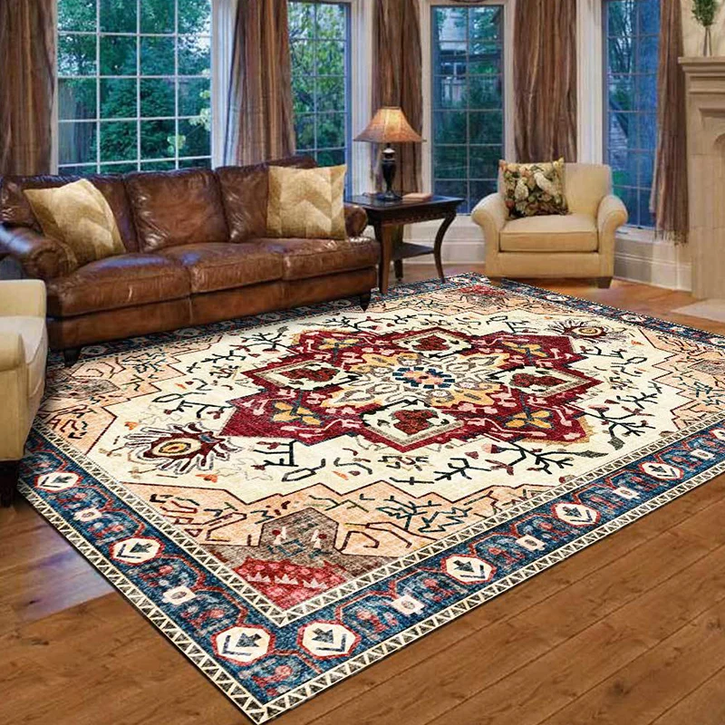 Tapis marocain imprimé médaillon, marron clair, en polyester, lavable en machine, antidérapant, pour le salon Clearhalo