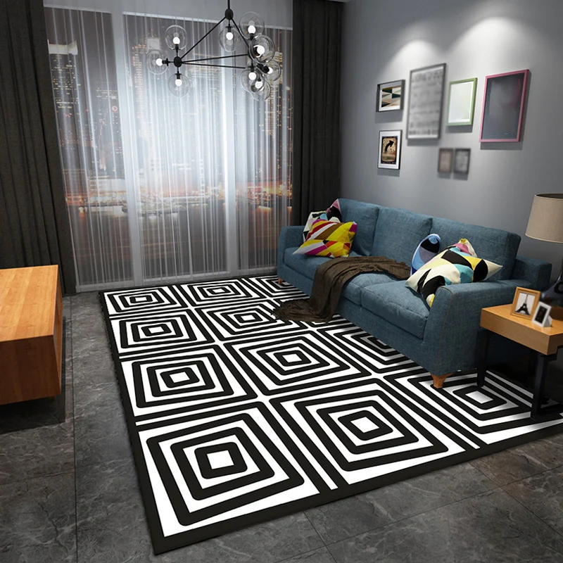 Tapis moderniste noir élégant en Polyester, motif géométrique et à rayures, lavable, antidérapant, adapté aux animaux de c...