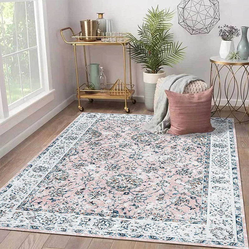 Tapis à motif floral shabby chic, rose clair et bleu, en polyester, lavable en machine, antidérapant, pour chambre à couch...