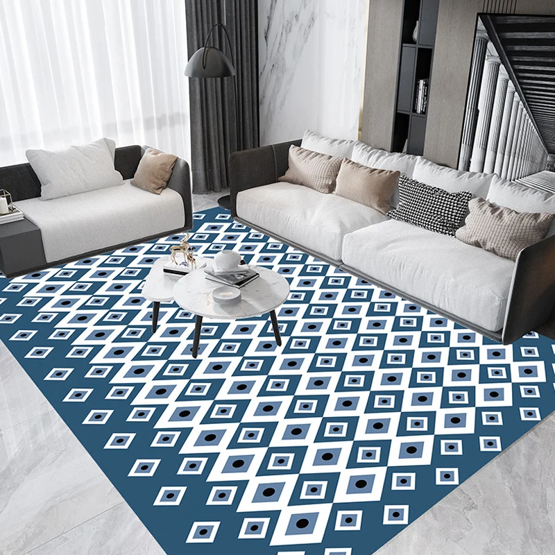 Tapis à motif géométrique rétro, bleu bohème, en Polyester, respectueux des animaux de compagnie, envers antidérapant, lav...