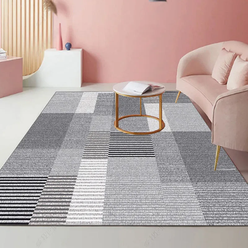 Tapis à motif rayé moderniste, gris clair et rose, en polyester, avec envers antidérapant, lavable, adapté aux animaux dom...