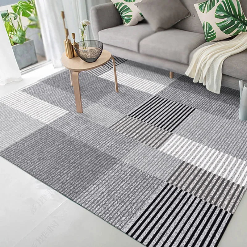 Tapis à motif rayé moderniste, gris clair et rose, en polyester, avec envers antidérapant, lavable, adapté aux animaux dom...