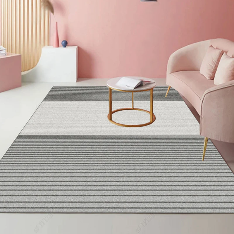 Tapis à motif rayé moderniste, gris clair et rose, en polyester, avec envers antidérapant, lavable, adapté aux animaux dom...
