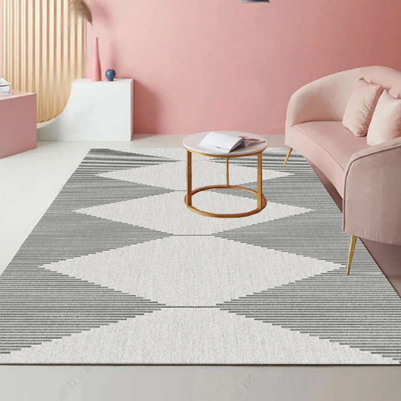 Tapis à motif rayé moderniste, gris clair et rose, en polyester, avec envers antidérapant, lavable, adapté aux animaux dom...
