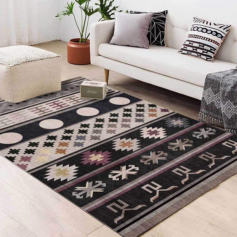 Tapis noir du sud-ouest en polyester à motif tribal, lavable, antidérapant, pour le salon Clearhalo