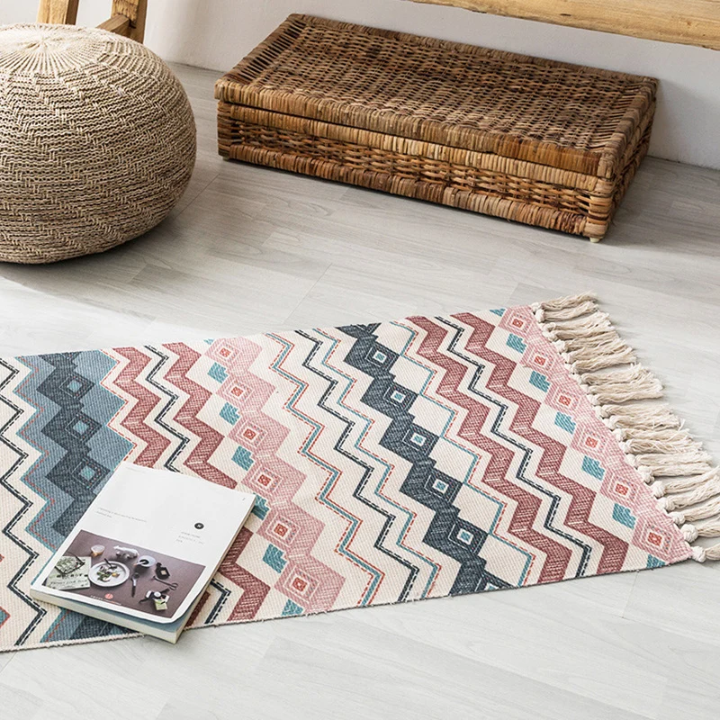 Tapis à rayures tribales multicolores, en coton, bohème, lavable, antidérapant, adapté aux animaux de compagnie, pour le s...