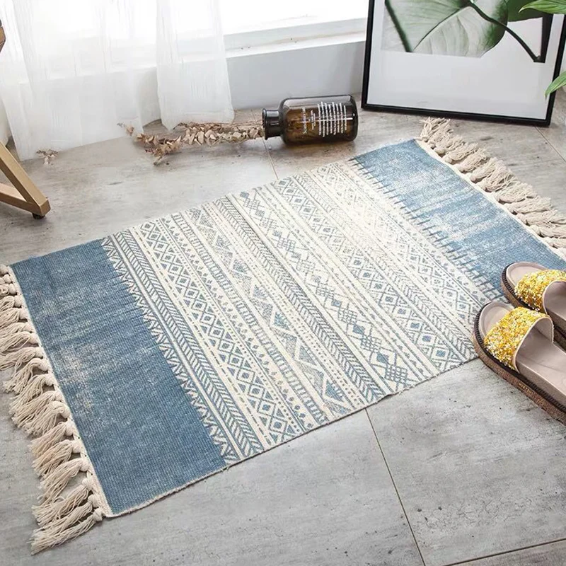 Tapis à rayures tribales multicolores, en coton, bohème, lavable, antidérapant, adapté aux animaux de compagnie, pour le s...