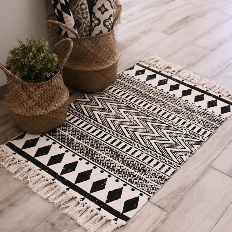 Tapis à rayures tribales multicolores, en coton, bohème, lavable, antidérapant, adapté aux animaux de compagnie, pour le s...