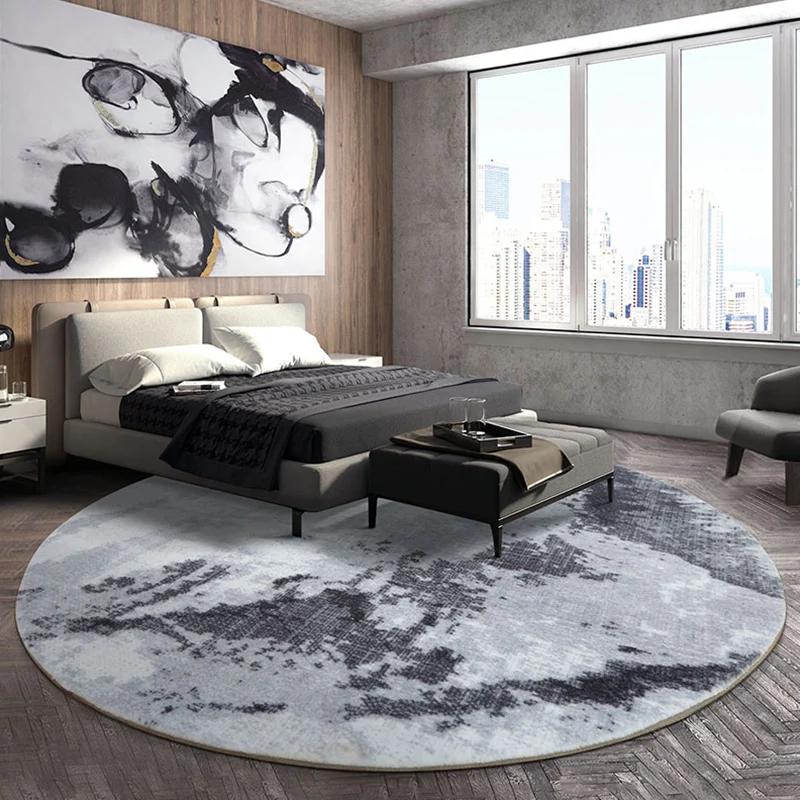 Tapis rond en polyester gris de style industriel avec motif en ciment, tapis de salon adapté aux animaux de compagnie Clea...
